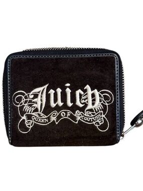 Vintage Juicy Couture Black Velour Zip Wallet with White Embroidered Logo